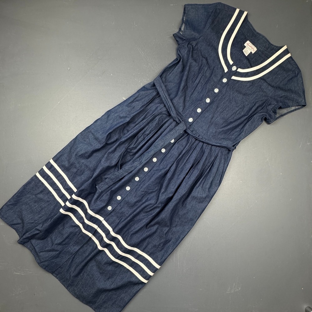 Lanz Of Salzburg Womens Size M Blue Chambray Dress Nautical Vintage Sailor Style
